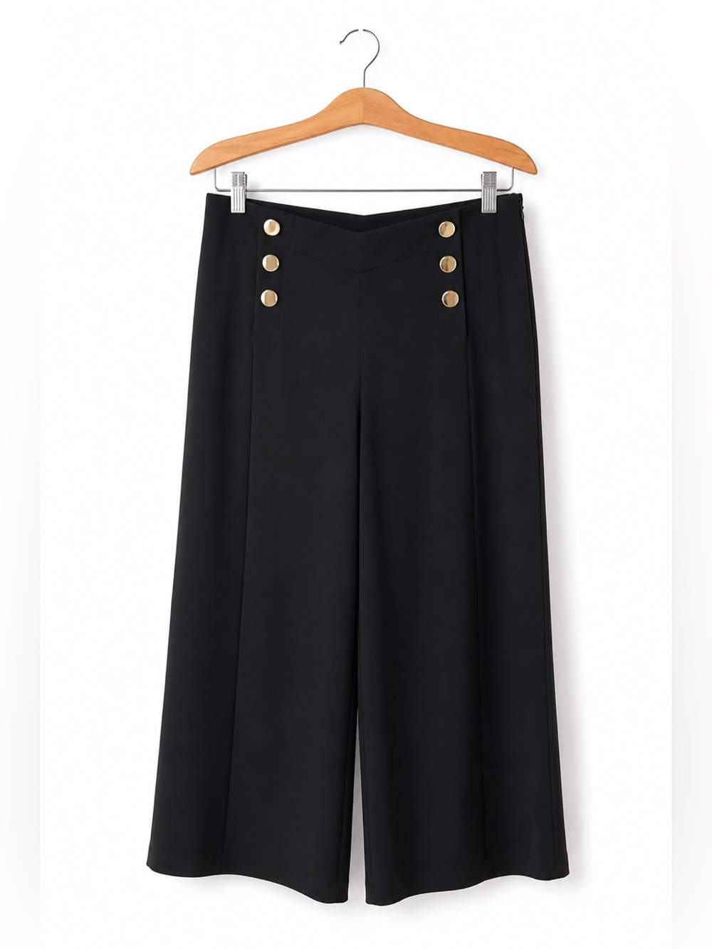 LOFT Black Sailor Cropped Wide Leg Pants Gold Button Size 12 Preppy Business
